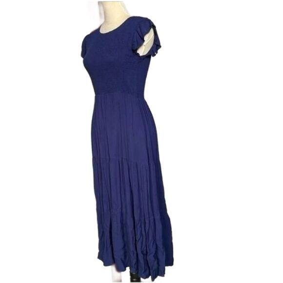 Fashion Elegant Navy Blue Midi Dress w/Smocked Top & Flutter Sleeves (Size: Med) - Picture 7 of 12